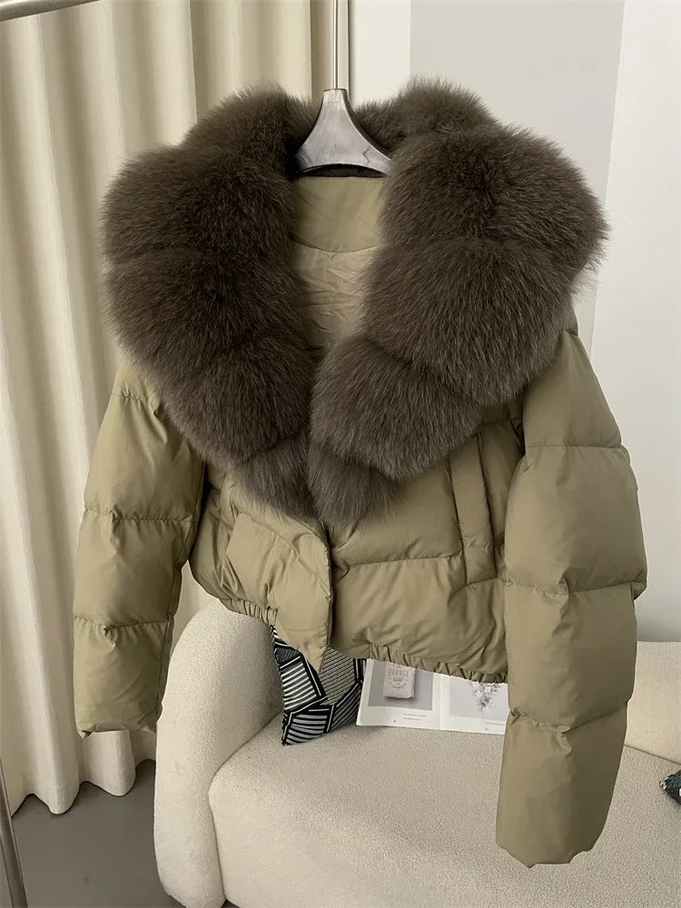 cropped duck down winter coat with real fox fur