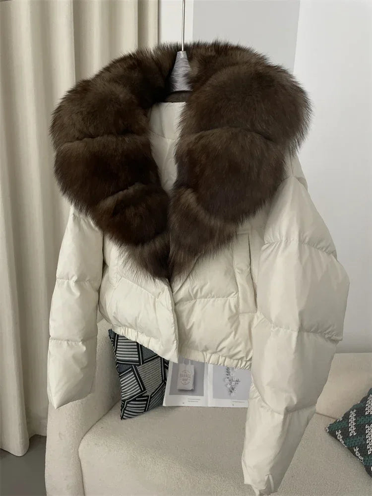 cropped duck down winter coat with real fox fur