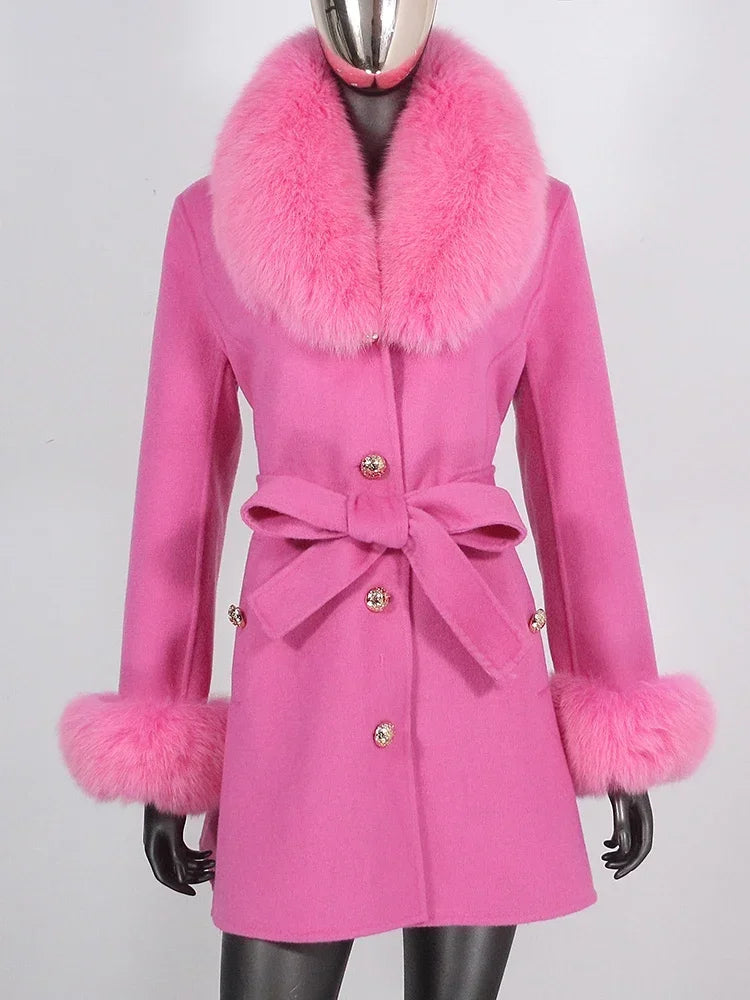 Long Winter Jacket Women Cuffs Belt Cashmere Real Fur Coat Natural Fox Fur Collar