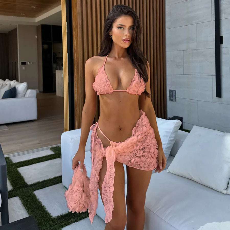 pink flower 3D bikini with sarong