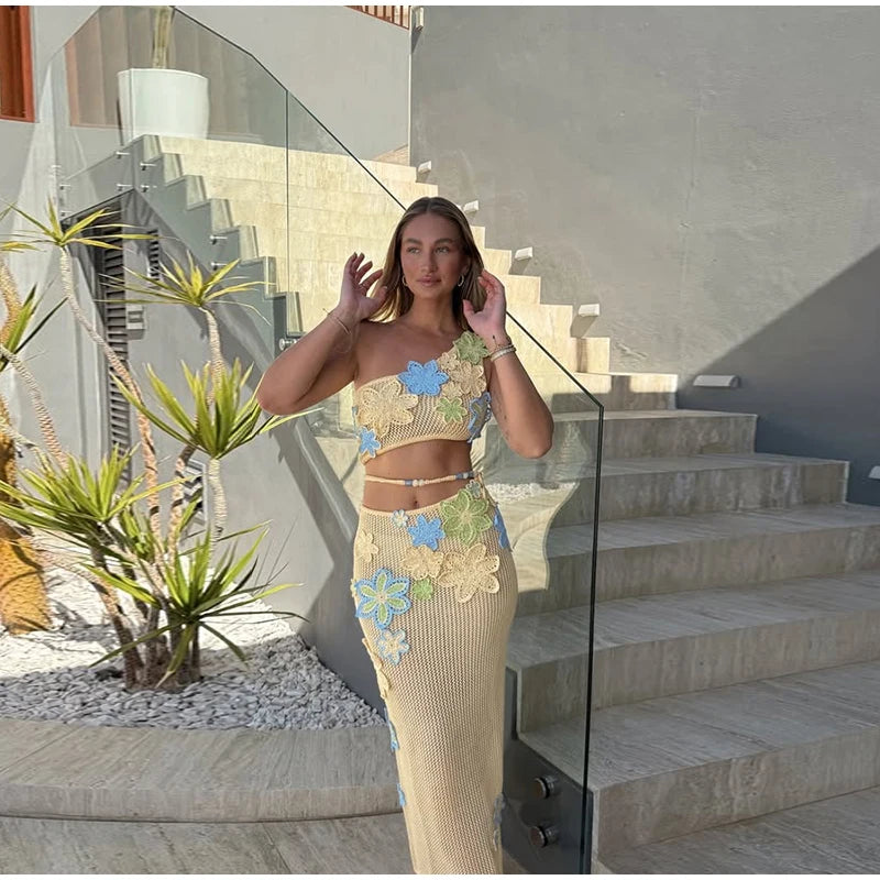 Flower crochet maxi skirt, vest top and bikini top