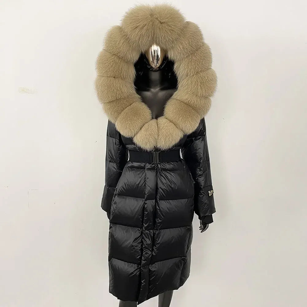 long coat with fox fur hood and belted waist