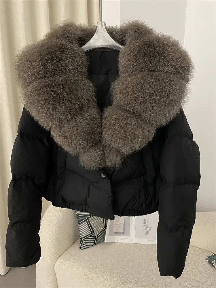 cropped duck down winter coat with real fox fur