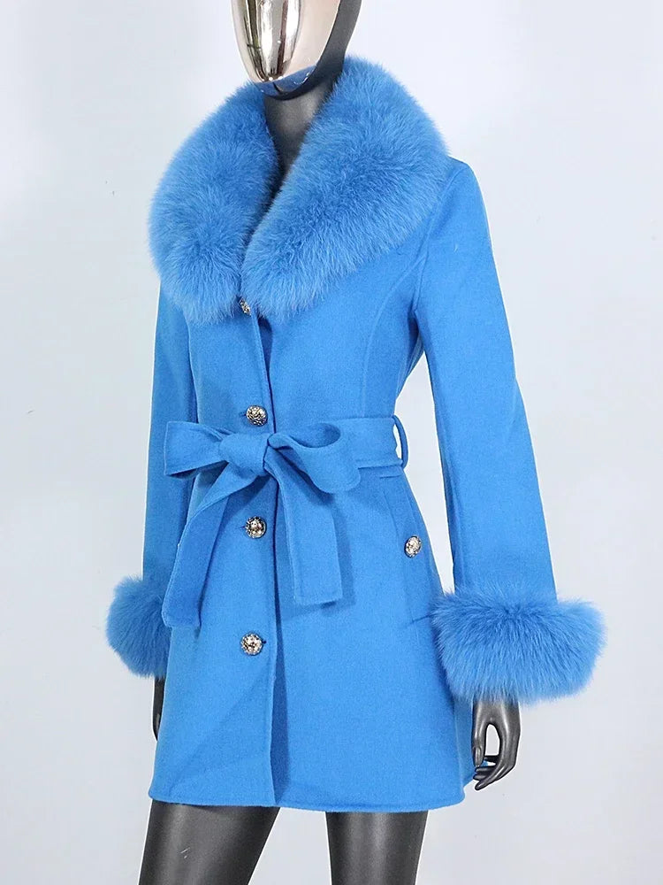 Long Winter Jacket Women Cuffs Belt Cashmere Real Fur Coat Natural Fox Fur Collar