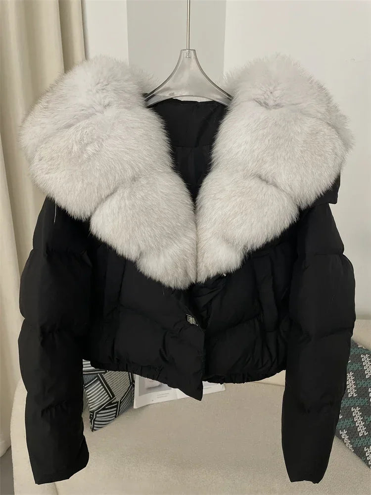 cropped duck down winter coat with real fox fur