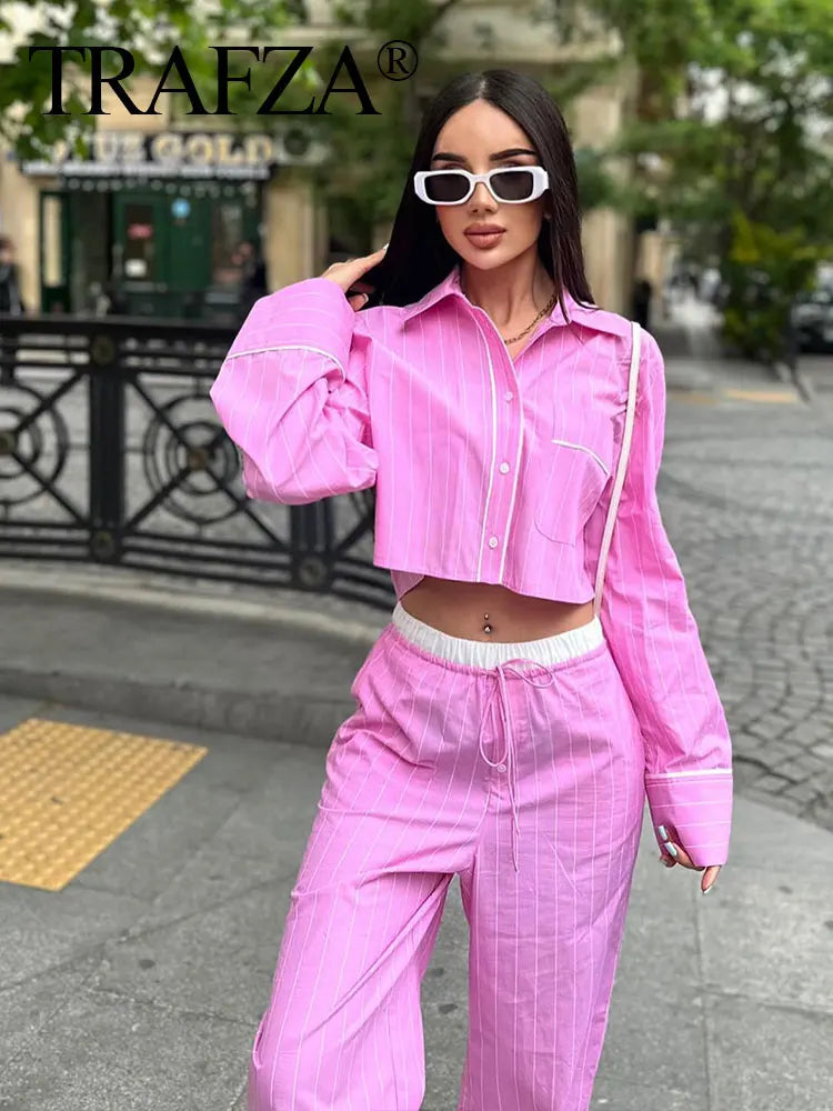 Sweet Pink Stripe Blouse Pant Sets