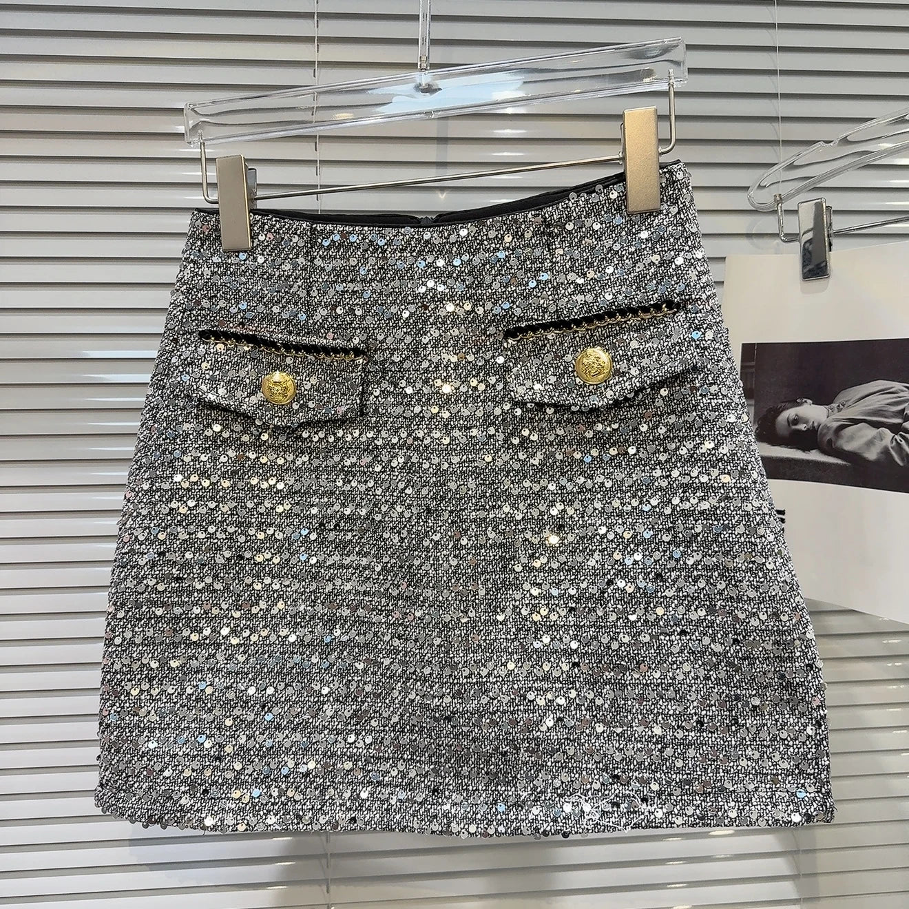 Metal Buttons Pockets Sequins Tweed Skirt