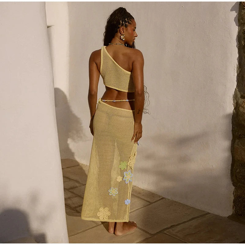 Flower crochet maxi skirt, vest top and bikini top