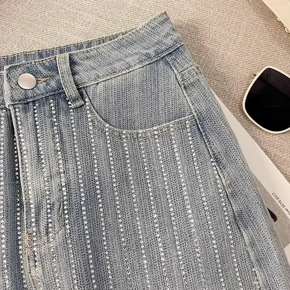 Rhinestone Denim Skirt Female