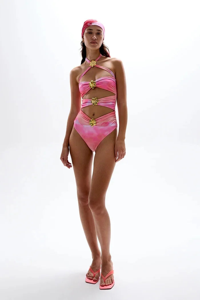 Halter Cut Out Lady swimsuit and skirt