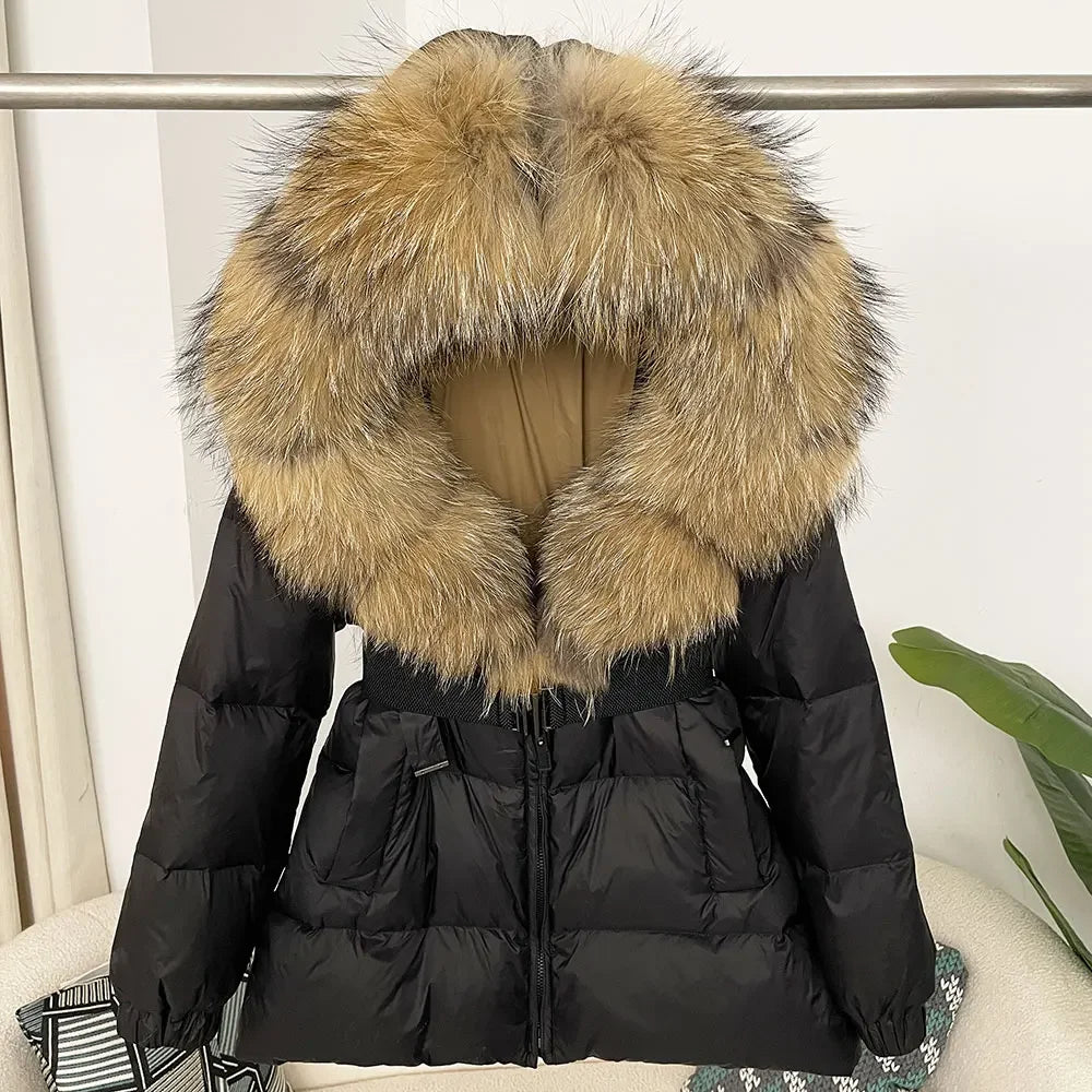 medium length woman coat duck down real fox and racoon fur