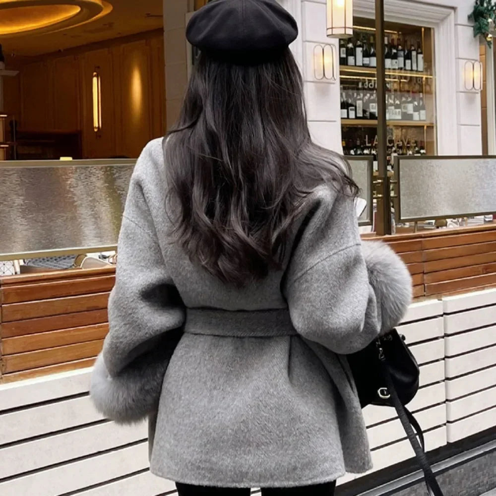 Real Wool Fur Coat Women's Removable Cuffs Fox Fur