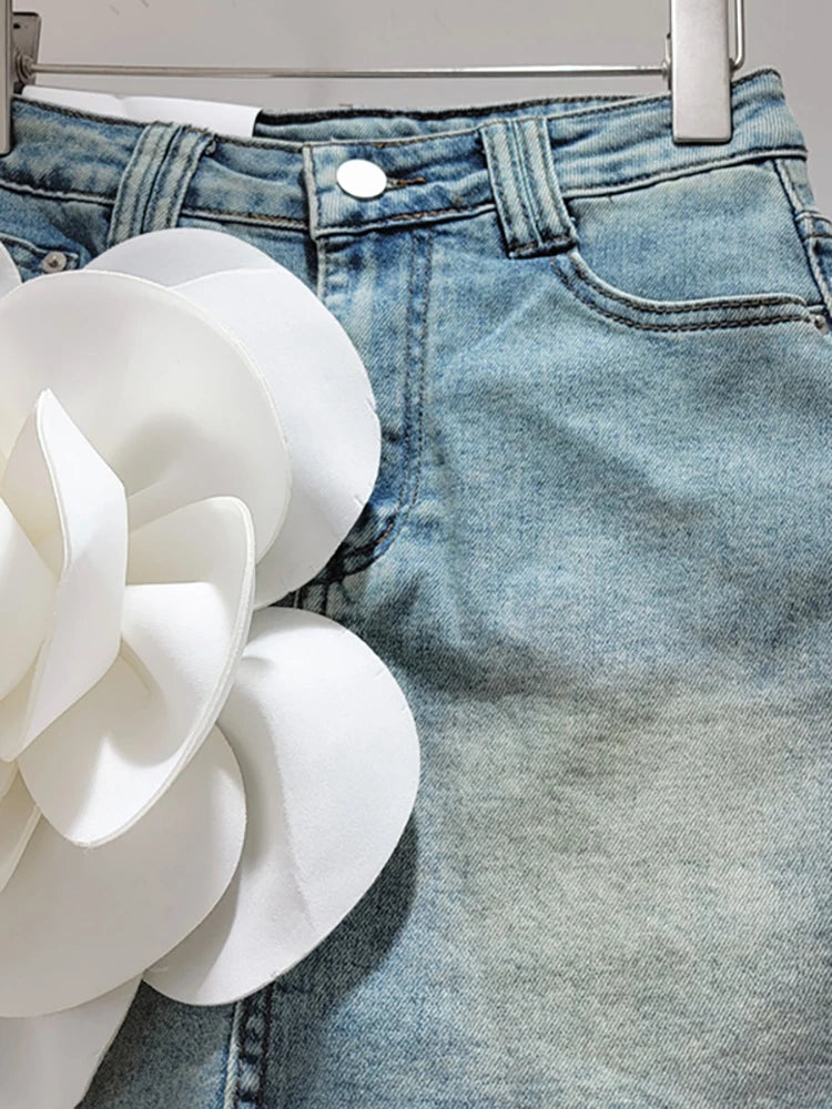 3D flower mini denim skirt