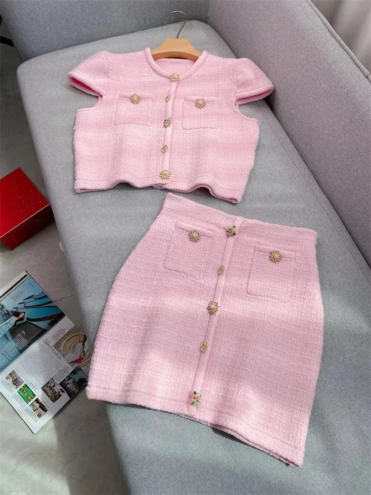 Pink Knitted Set Women Elegant Short Sleeve