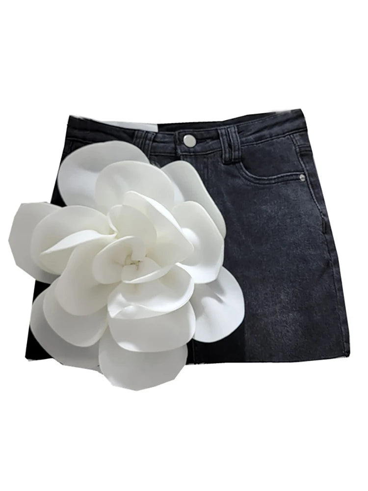 3D flower mini denim skirt