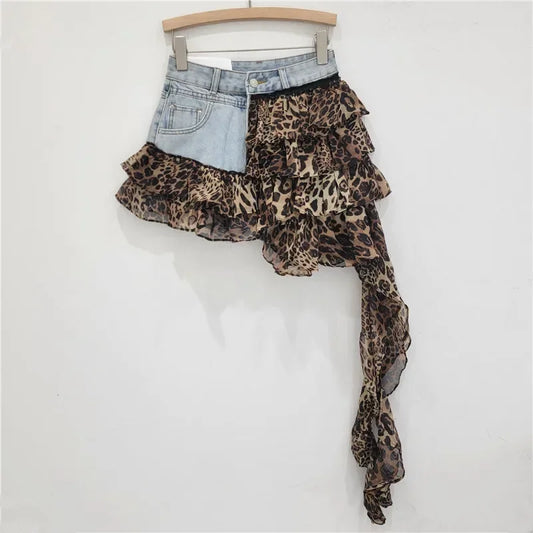 denim leopard print shorts