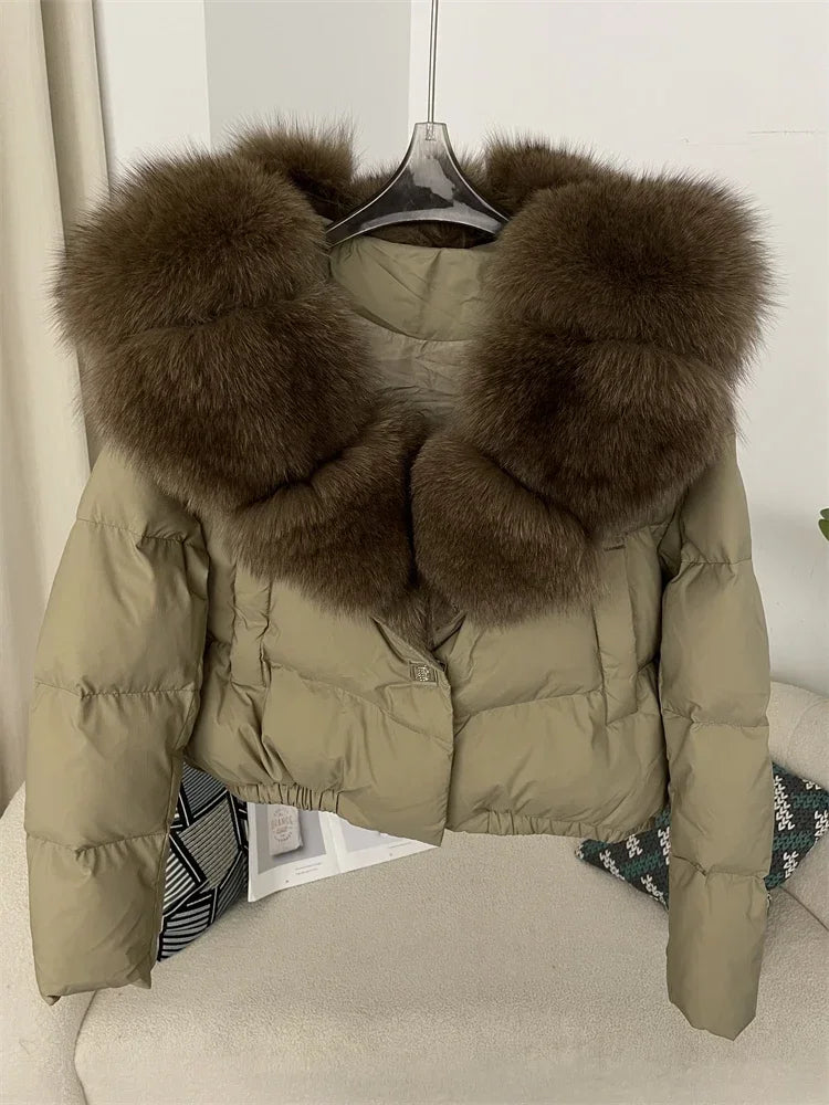 cropped duck down winter coat with real fox fur