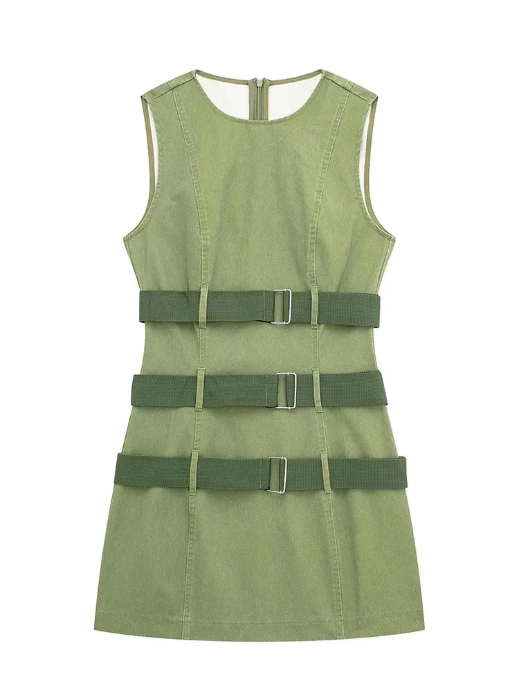 Army Green Vest Wide Belt Dress