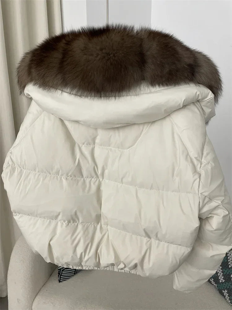 cropped duck down winter coat with real fox fur