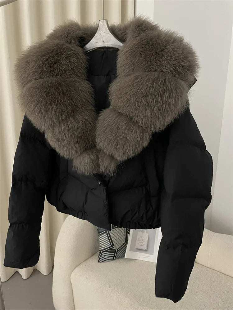 cropped duck down winter coat with real fox fur