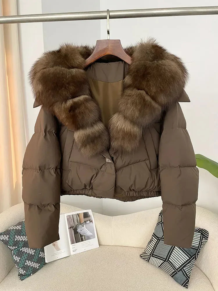 cropped duck down winter coat with real fox fur