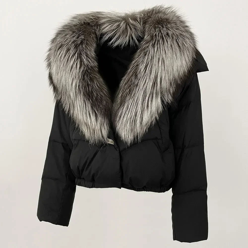 cropped duck down winter coat with real fox fur