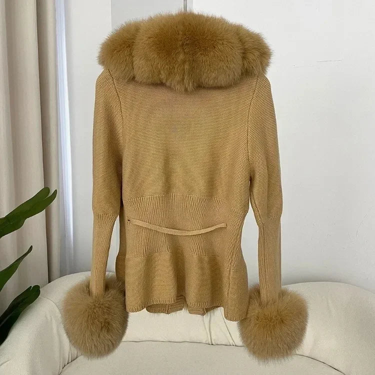 Real fox Fur Cardigan Detachable Collar