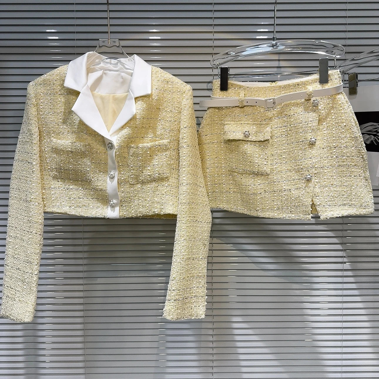 Yellow Tweed Short Jacket Skirt Two Piece Set