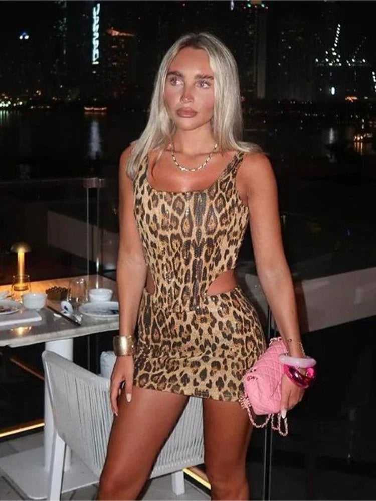 Leopard Print Sequin 2 Piece Set Backless Corset Top and Mini Skirt