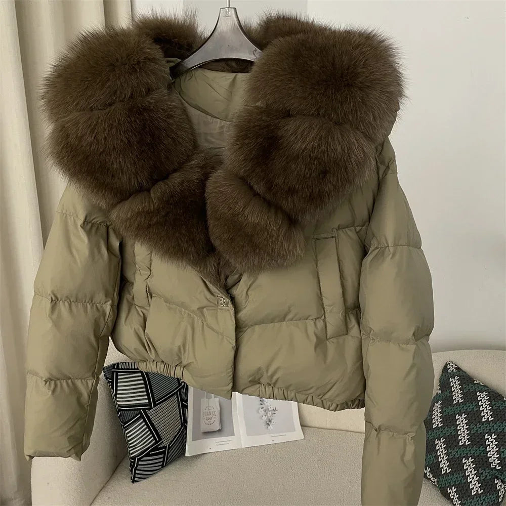 cropped duck down winter coat with real fox fur