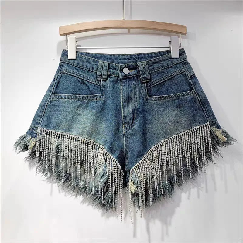 denim shorts rhinestone design