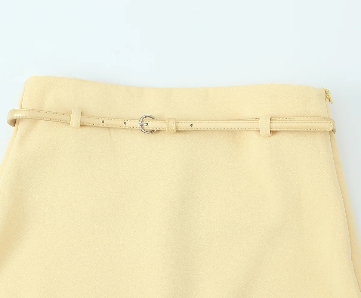 Yellow V-Neck Sleeveless Belt Tops+High Waist Pocket Belt Long Skirts