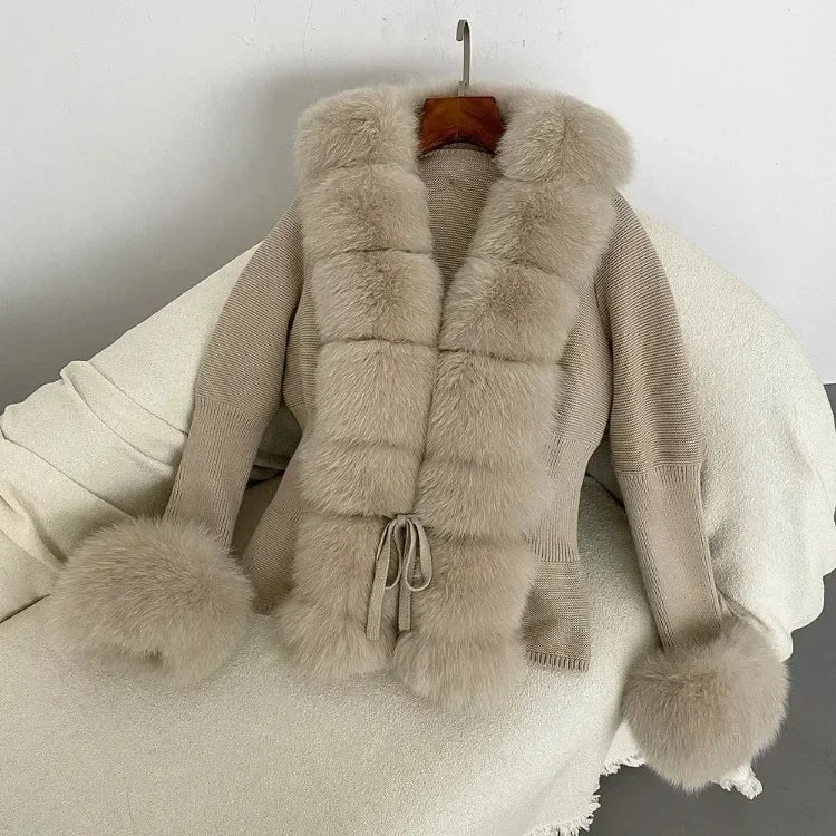 Real fox Fur Cardigan Detachable Collar