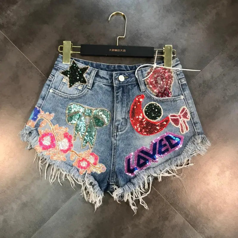 Embroidery Patch Raw Denim Shorts