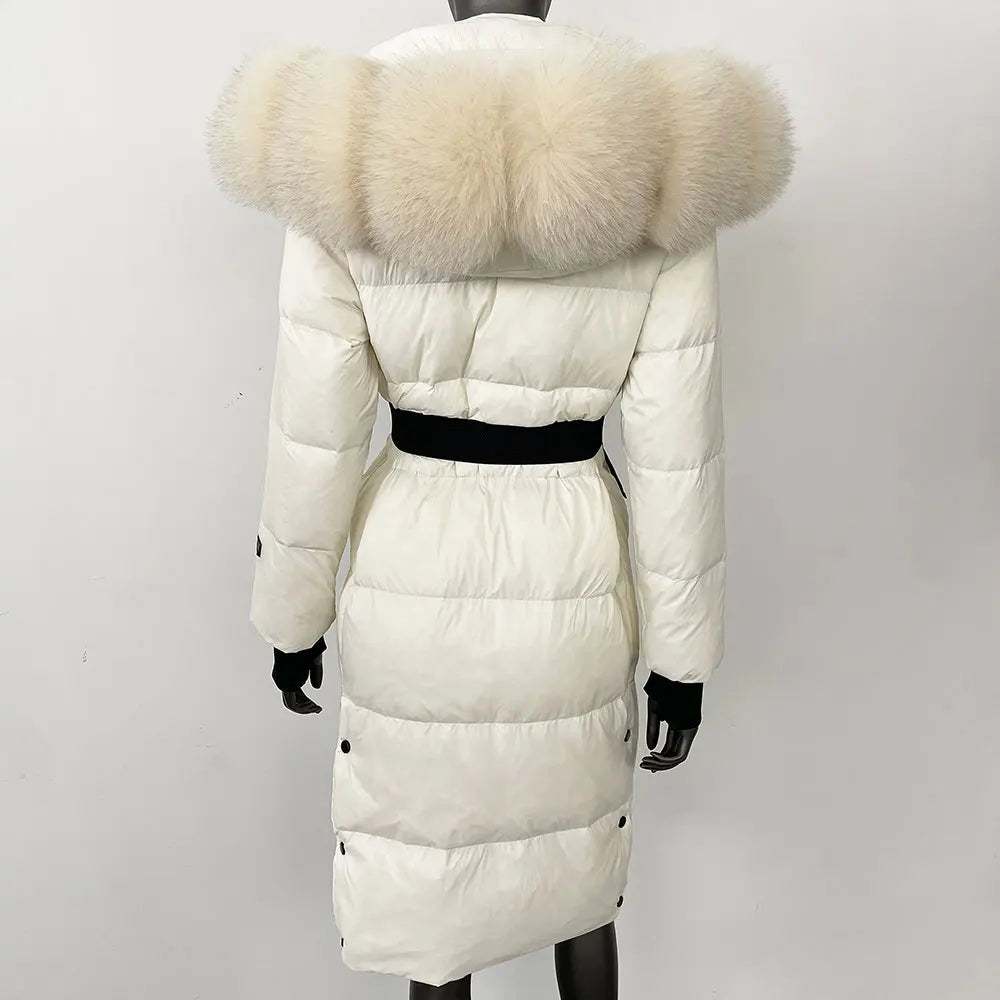 long coat with fox fur hood and belted waist