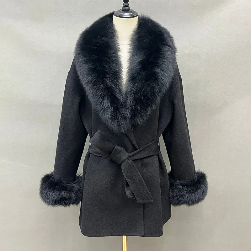 Lady Winter Trench Coats Real Fox Fur Collar