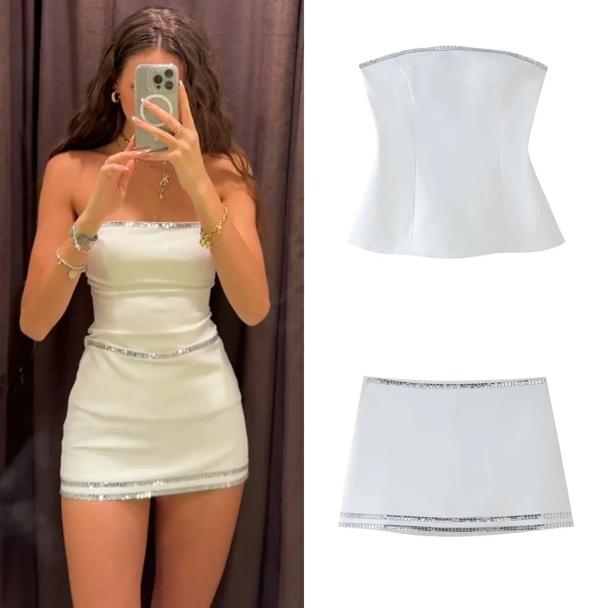 Sleeveless white and silver Short Top Mini Short Skirt