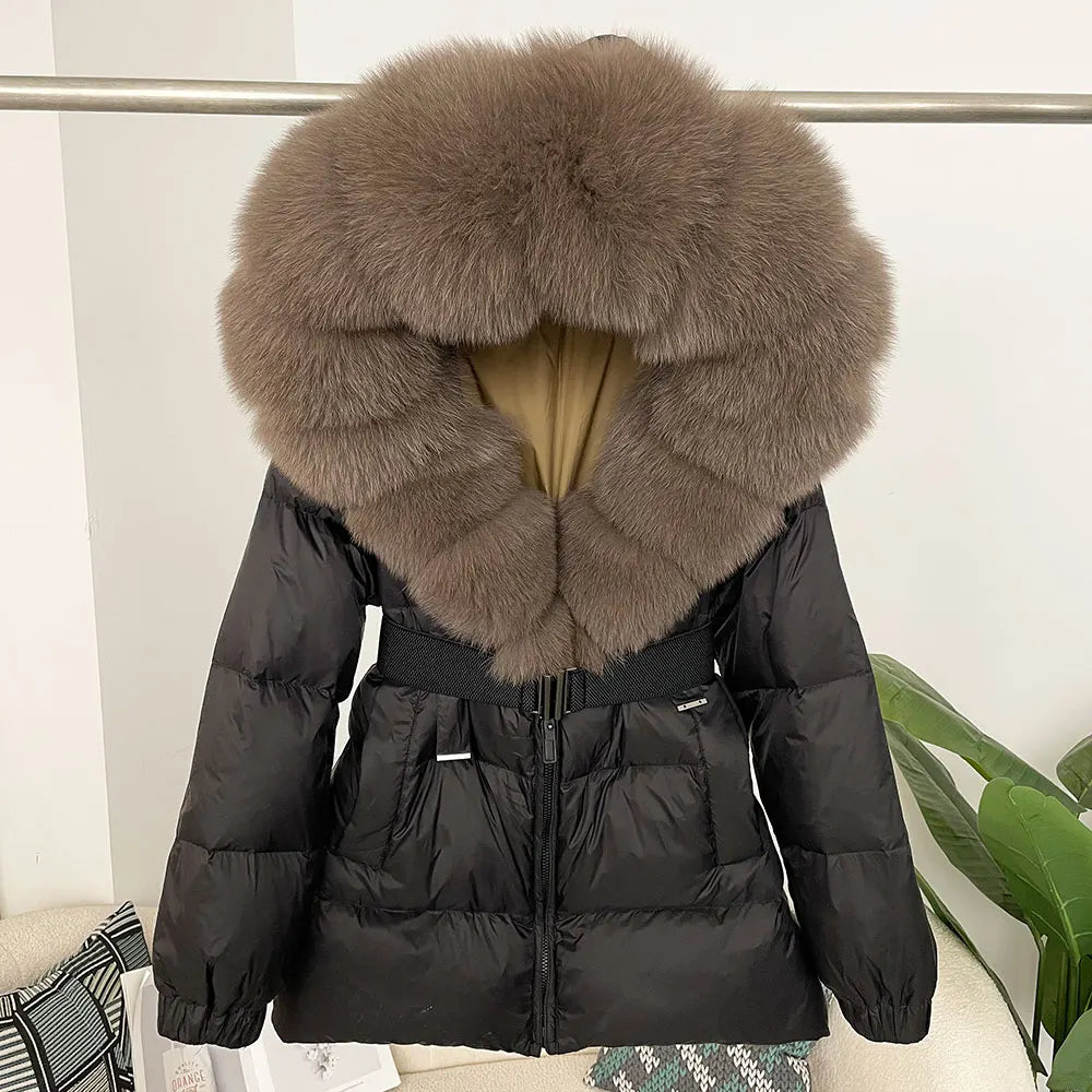 medium length woman coat duck down real fox and racoon fur