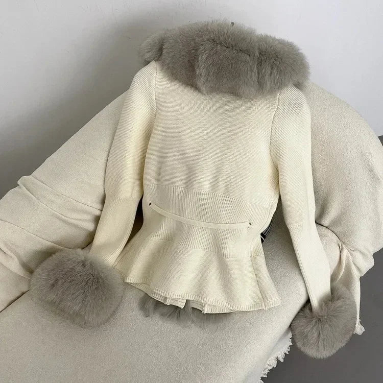 Real fox Fur Cardigan Detachable Collar