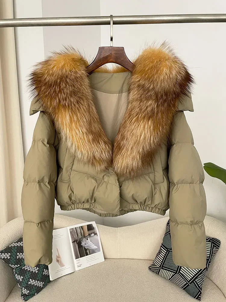 cropped duck down winter coat with real fox fur