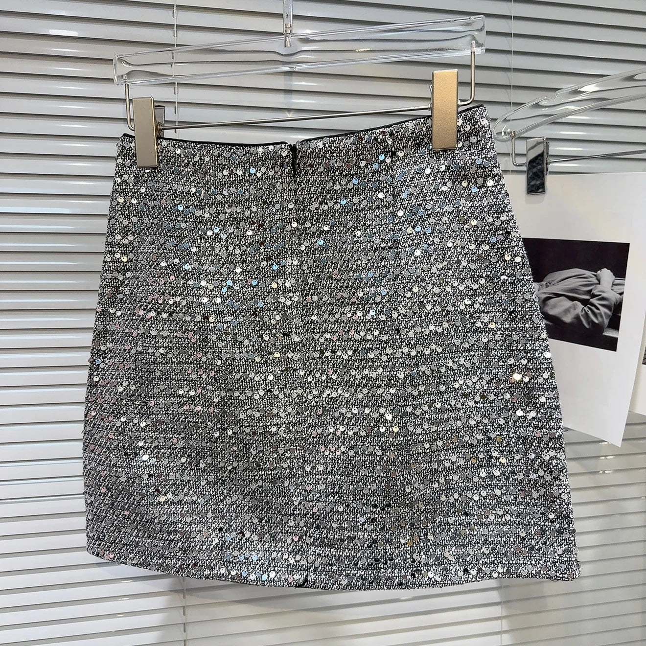 Metal Buttons Pockets Sequins Tweed Skirt