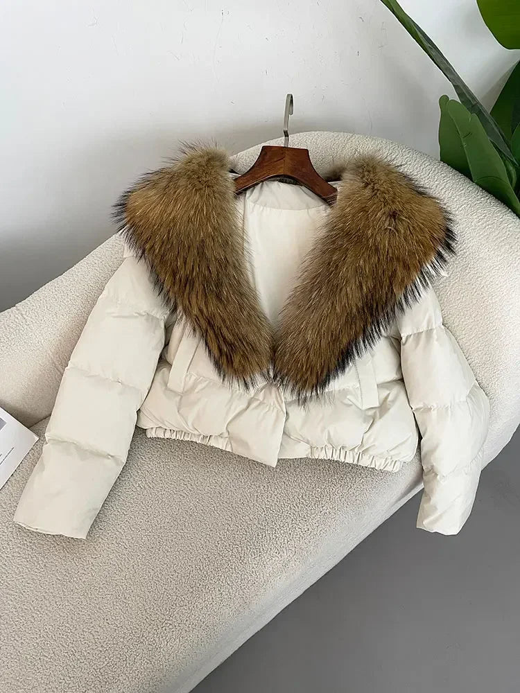 cropped duck down winter coat with real fox fur