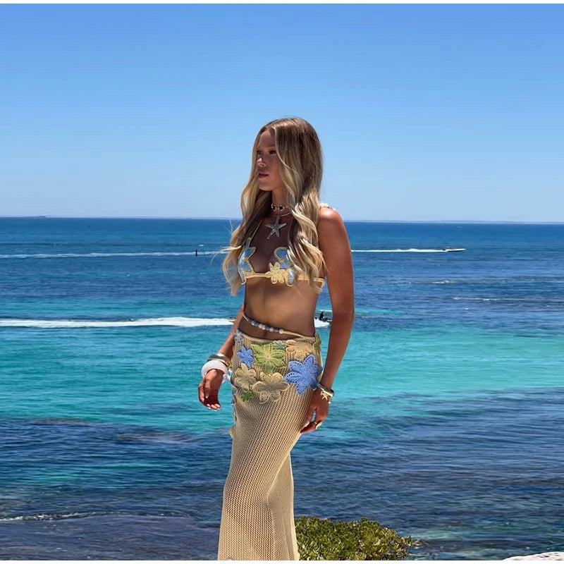 Flower crochet maxi skirt, vest top and bikini top