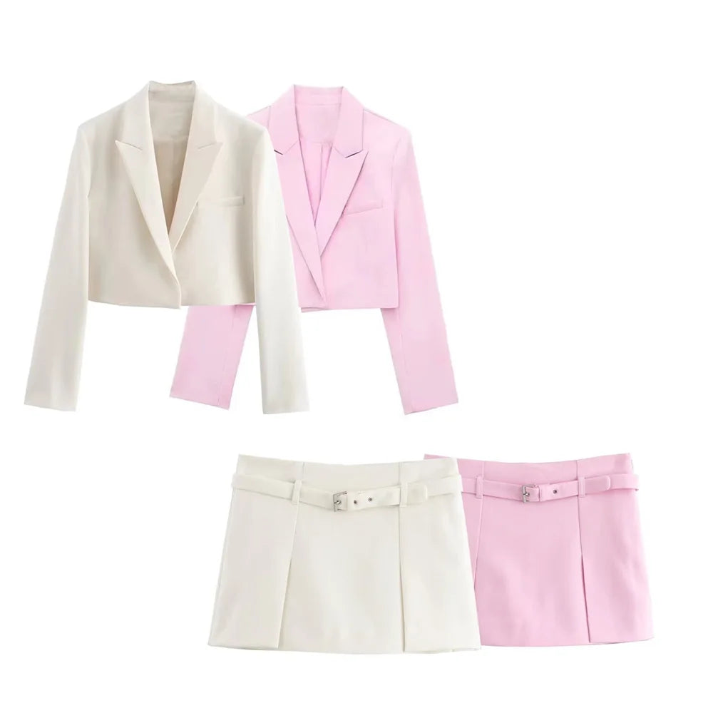 Women's Polo Collar Long Sleeve Short Suit Coat Matching Belt Skirt