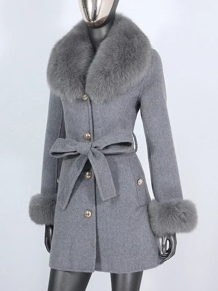 Long Winter Jacket Women Cuffs Belt Cashmere Real Fur Coat Natural Fox Fur Collar