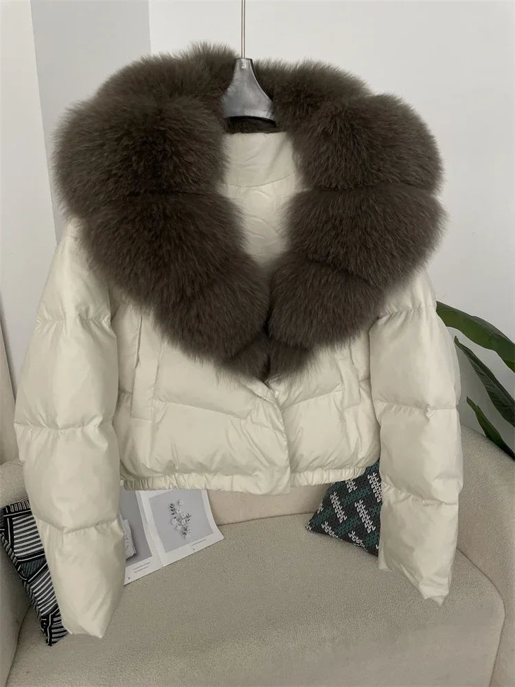 cropped duck down winter coat with real fox fur