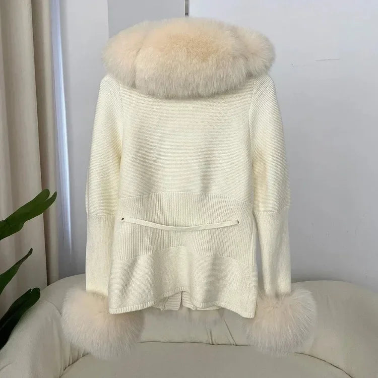 Real fox Fur Cardigan Detachable Collar