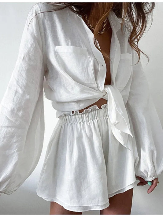 Solid Color Simple Lapel Shirt Ruffle Wide Leg Shorts 2pcs set