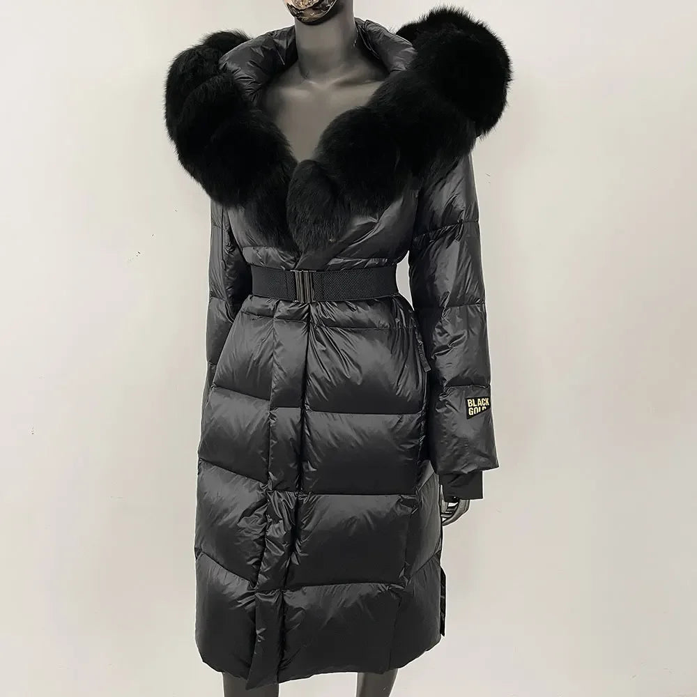 long coat with fox fur hood and belted waist