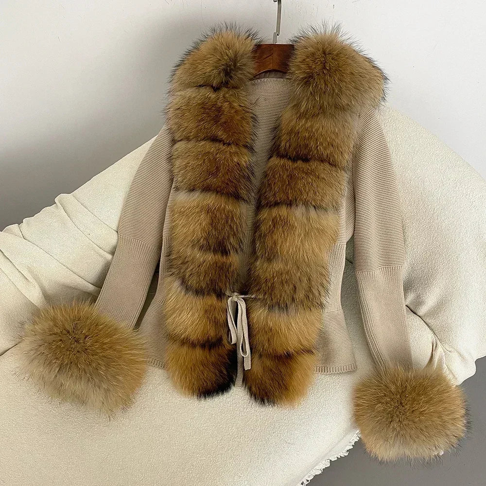 Real fox Fur Cardigan Detachable Collar